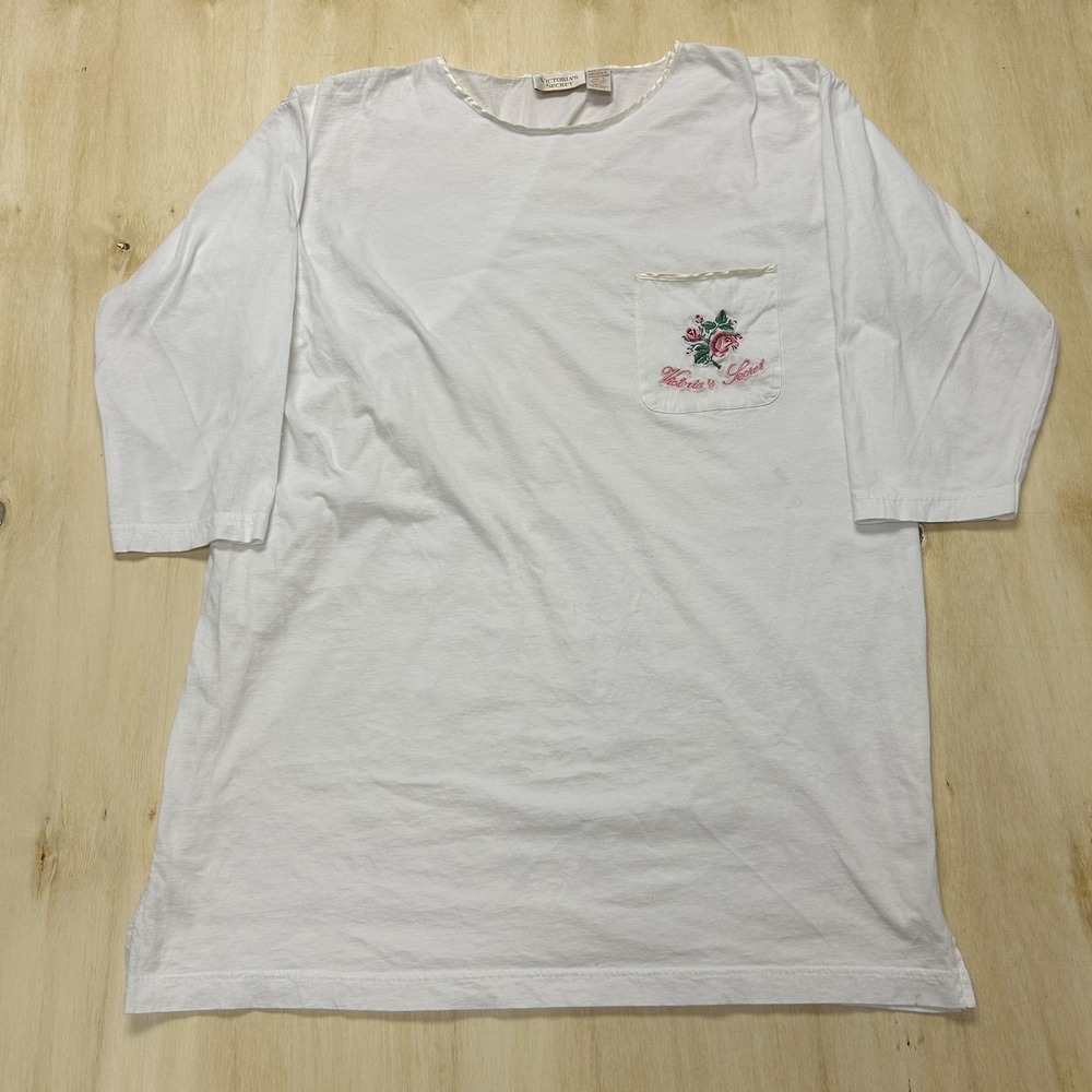 Vintage Victoria's Secret Sleepshirt Womens M/L White Floral Rose Pocket Cotton